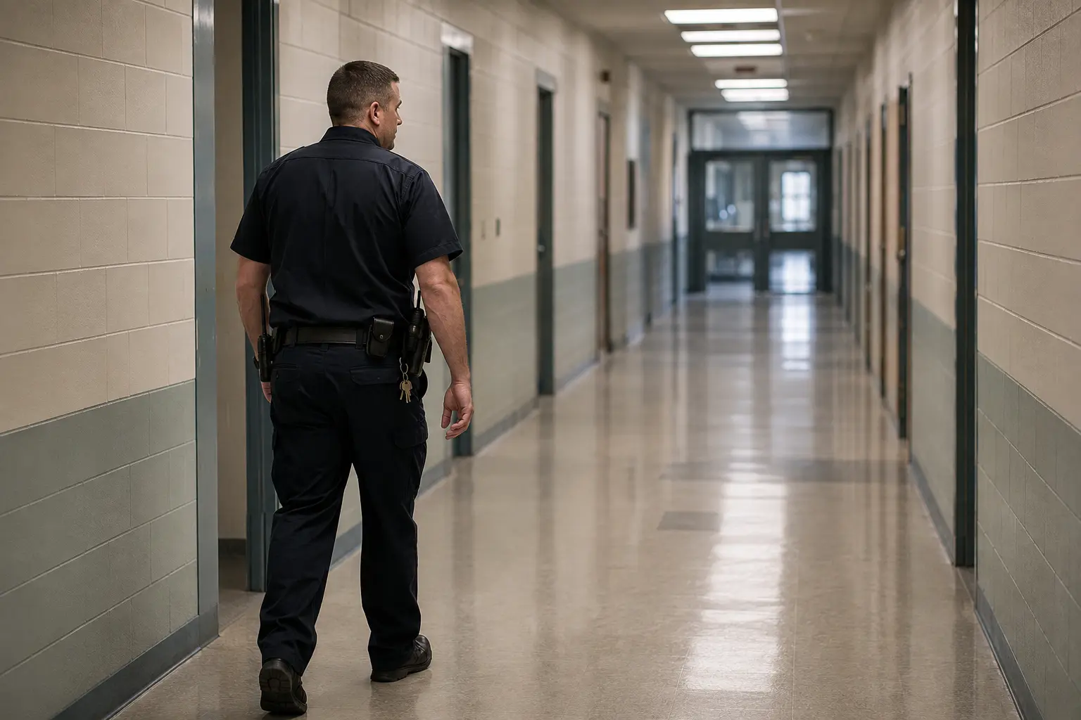 A county corrections officer walking a quiet institutional corridor