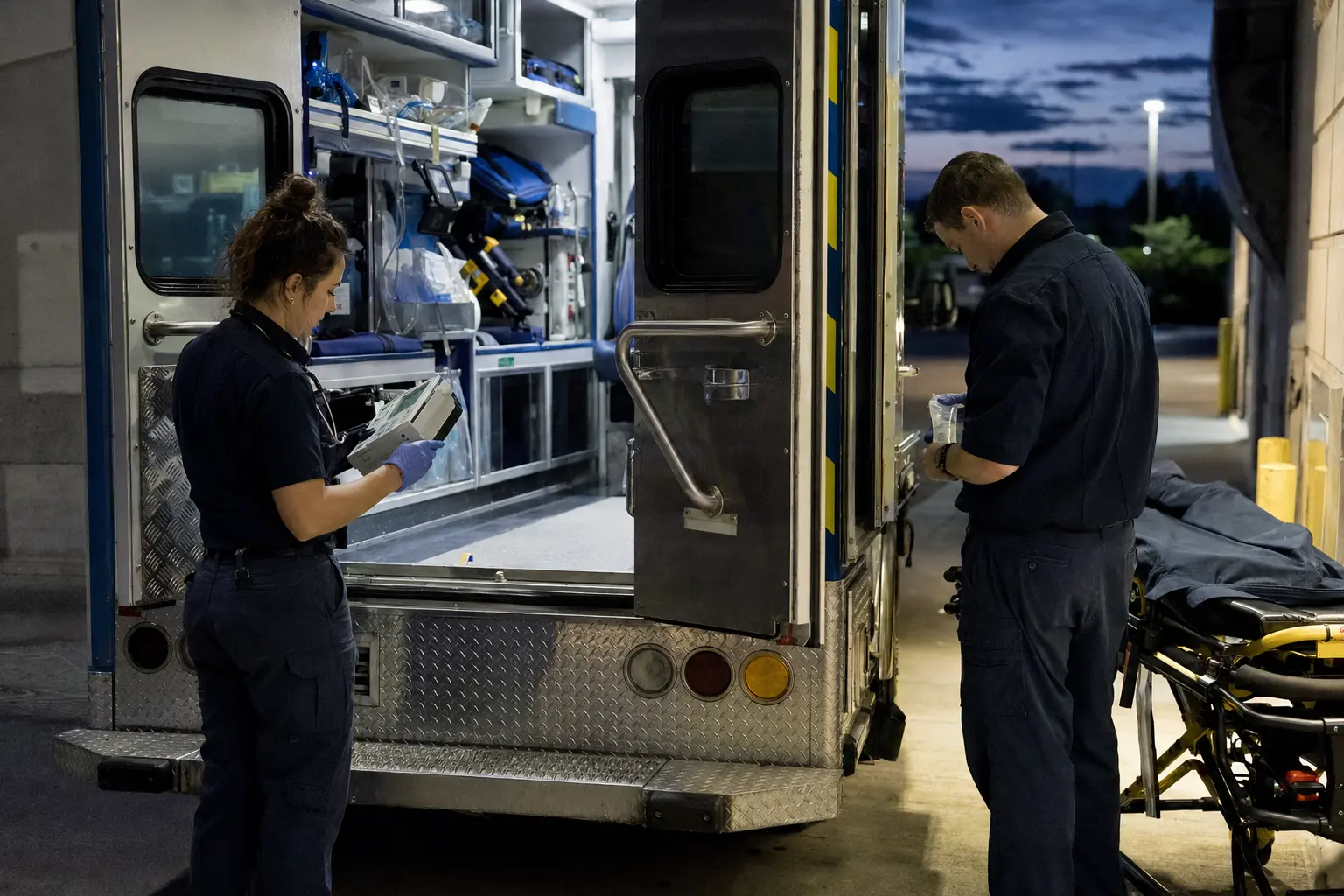 Two EMS partners restocking an ambulance between overnight calls