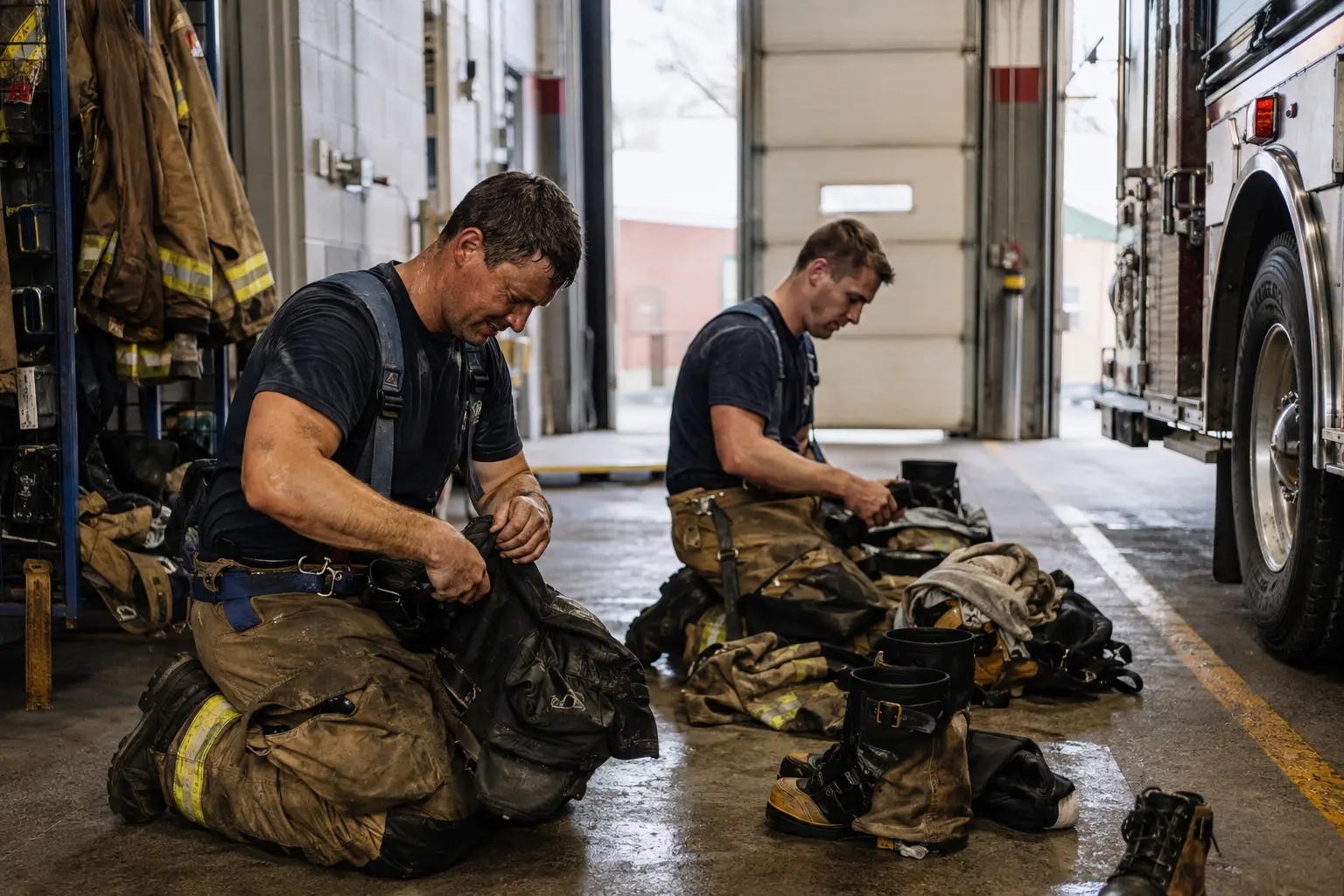 Two municipal firefighters checking turnout gear in an apparatus bay after a call