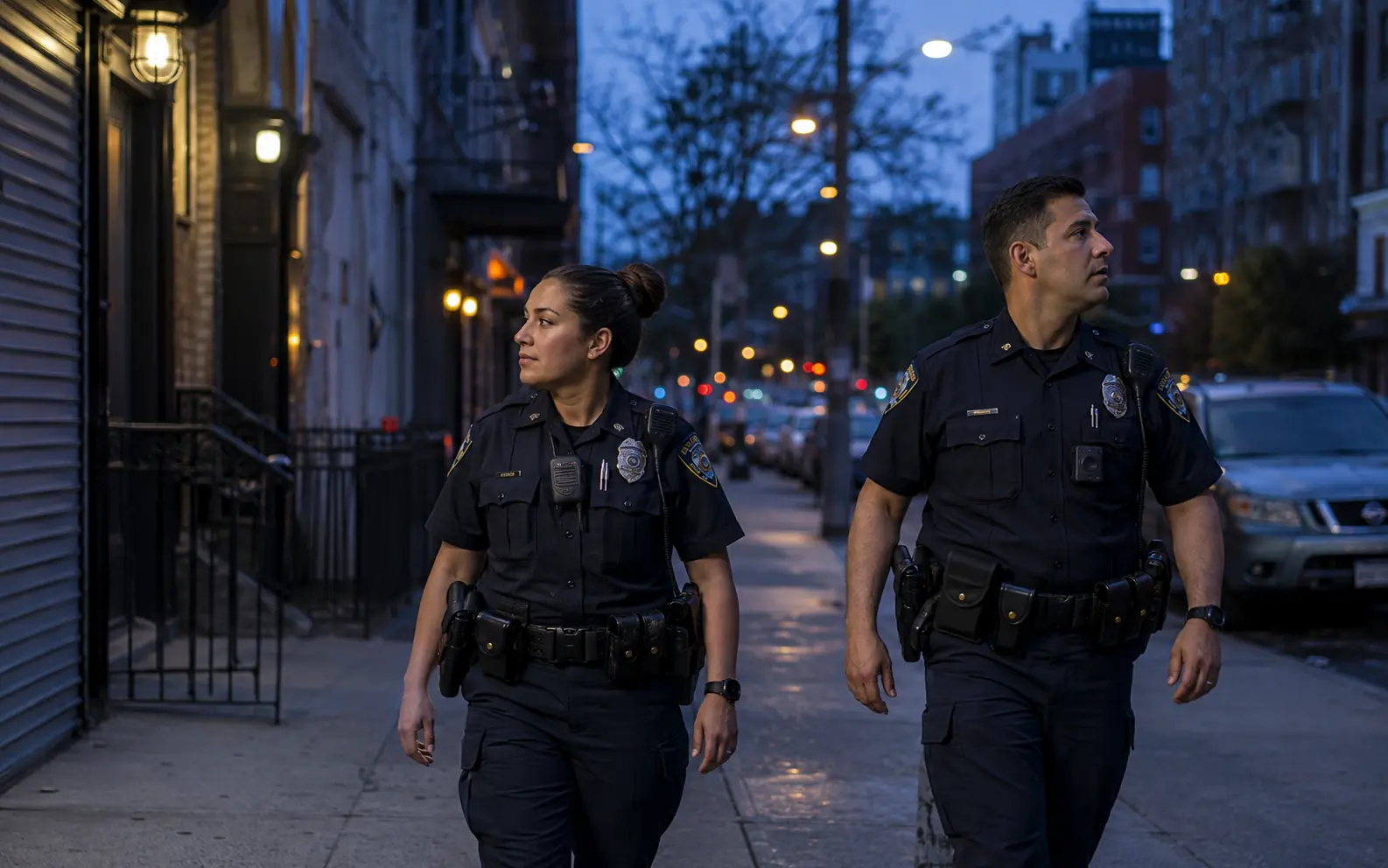 Two municipal police officers walking a large-city neighborhood at blue hour
