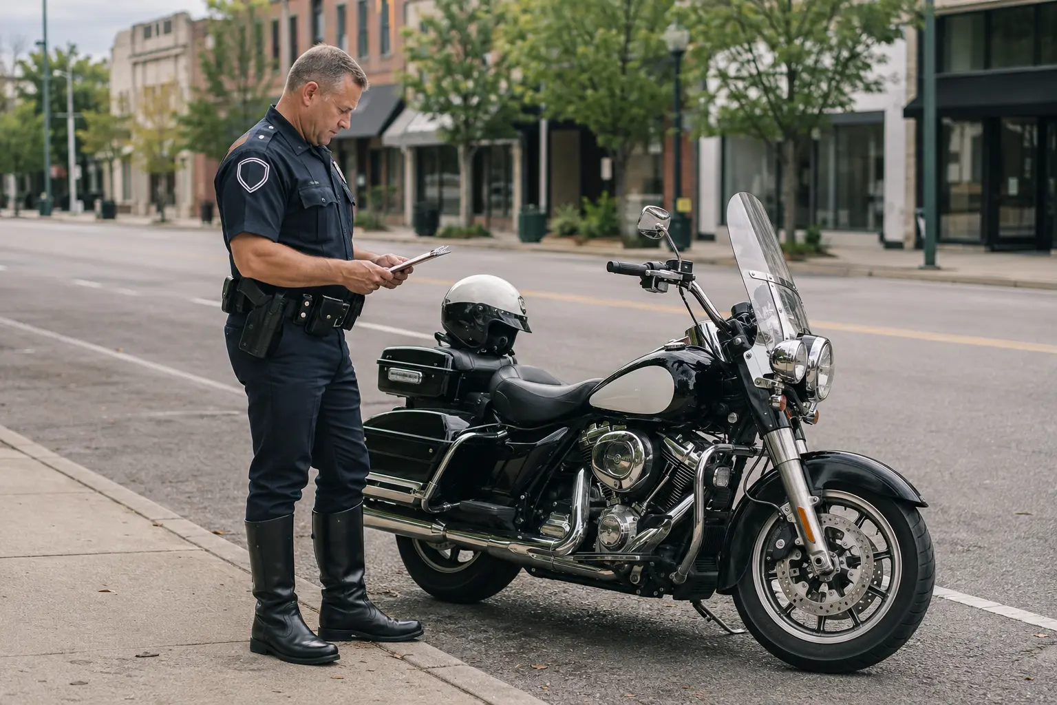 A municipal motorcycle officer reviewing notes during a calm roadside pause