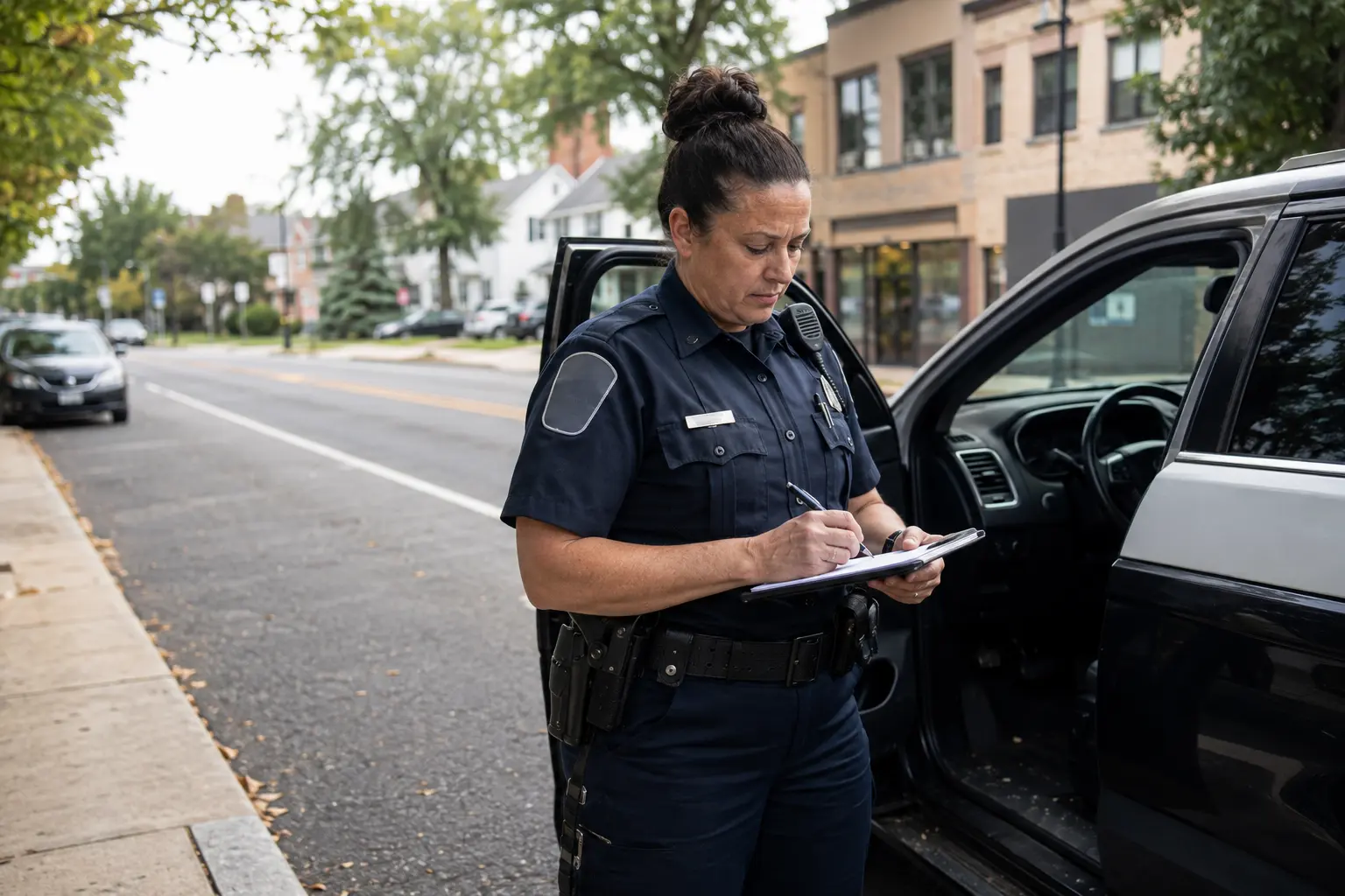 A suburban municipal police officer completing documentation beside a patrol vehicle