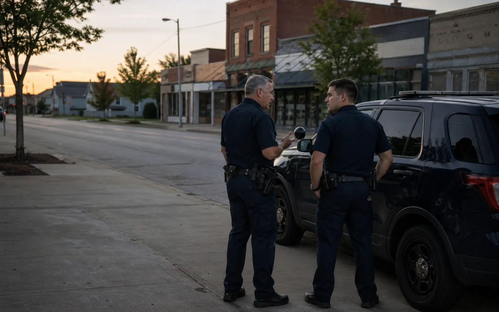 Two small-department police officers briefing beside a patrol vehicle at dawn